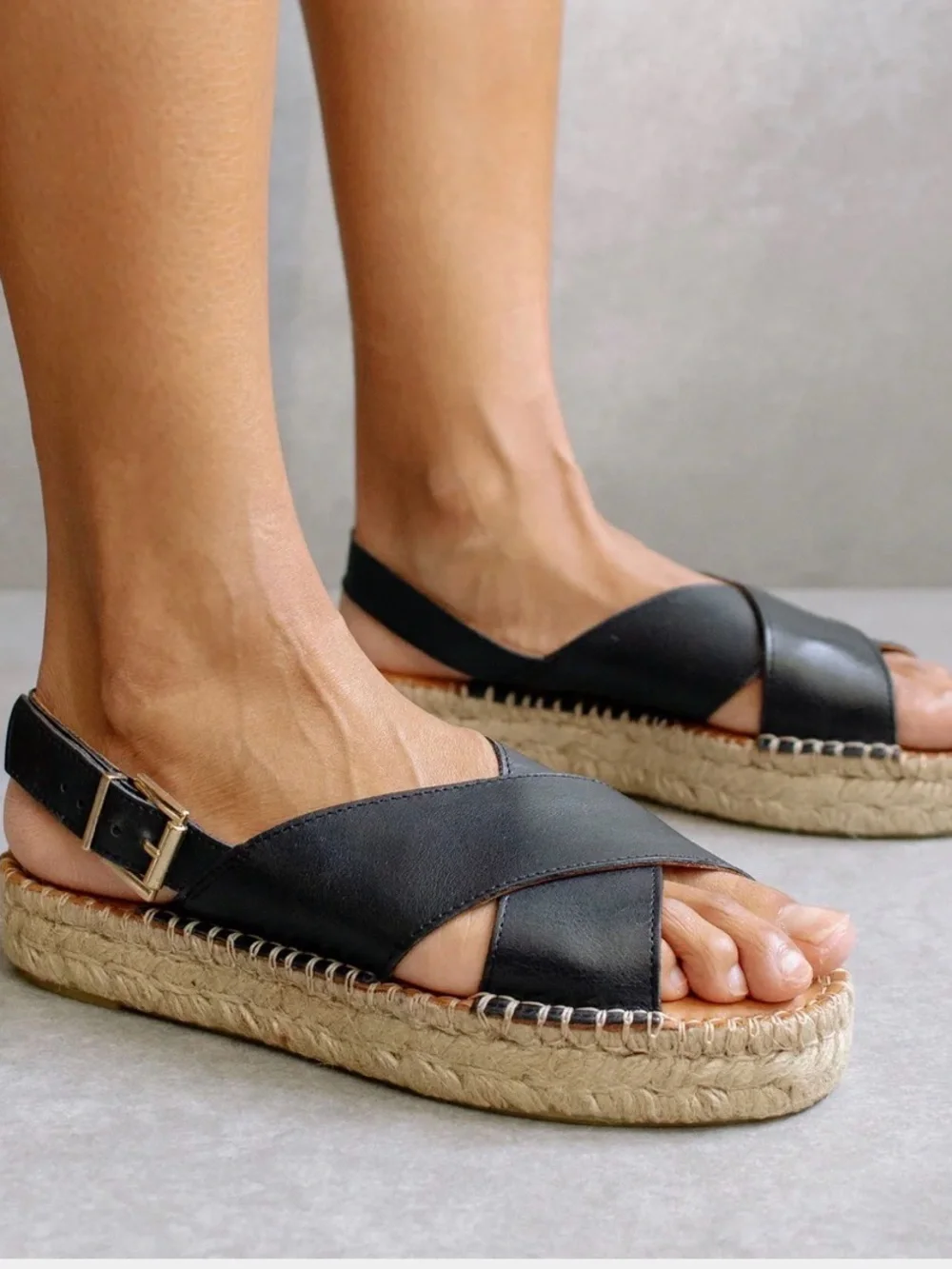 ALOHAS Black Leather Crisscross Espadrille Sandals